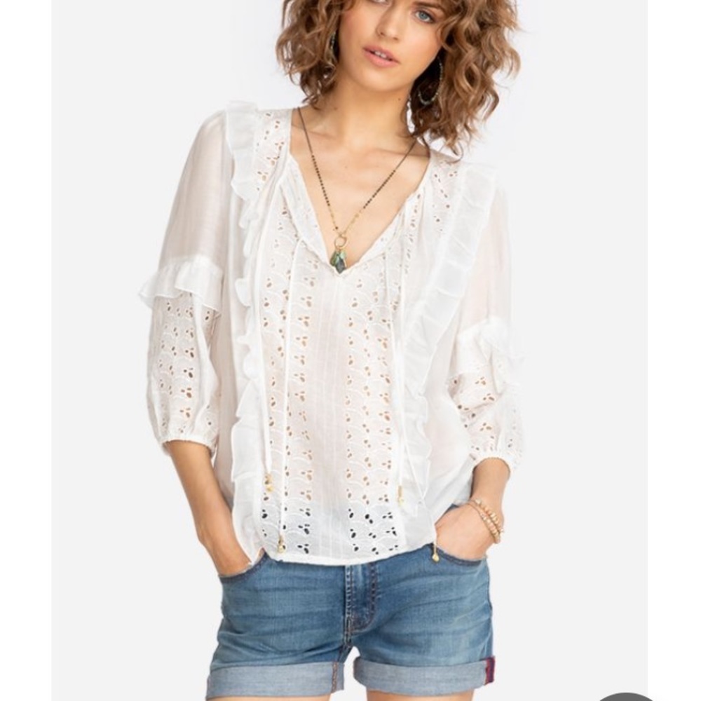 Johnny Was White Eyelet Ruffle V-Neck Blouse
